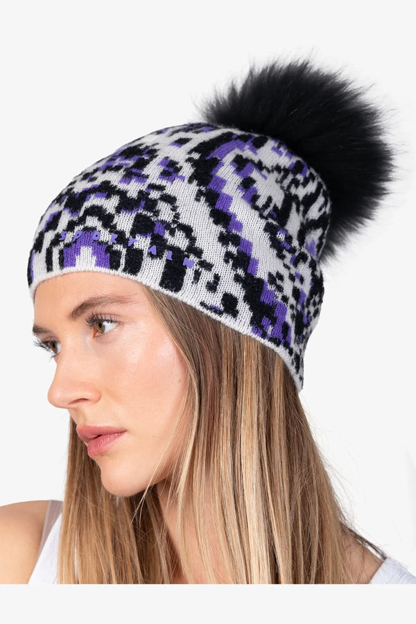 Ikat-Strickmütze mit Echtfell-Bommel 06