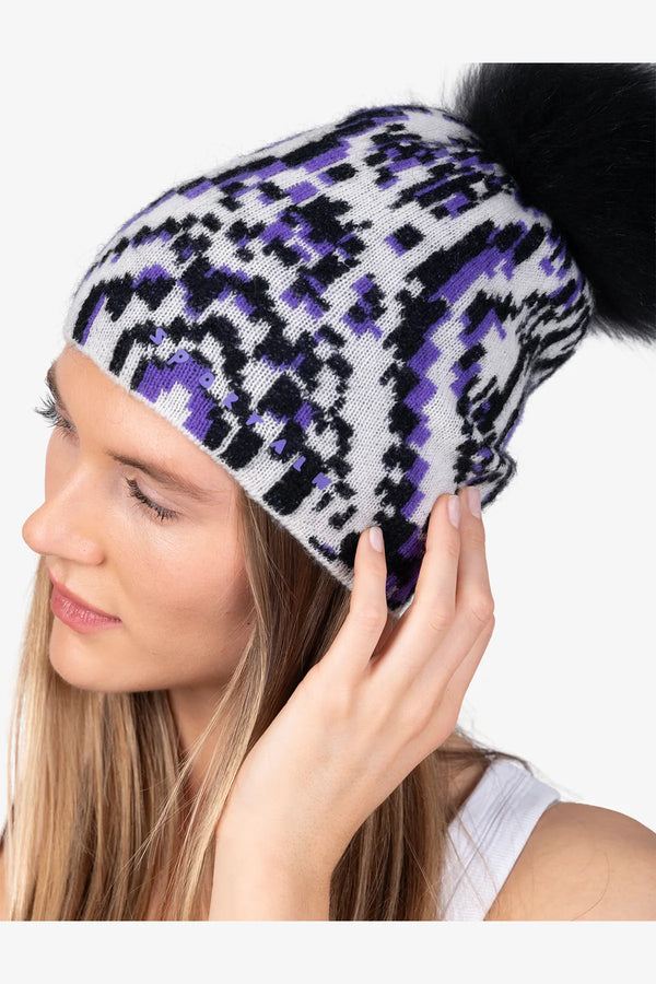Ikat-Strickmütze mit Echtfell-Bommel 07