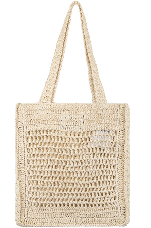 Beige Häkeltragetasche mit zwei Griffen.