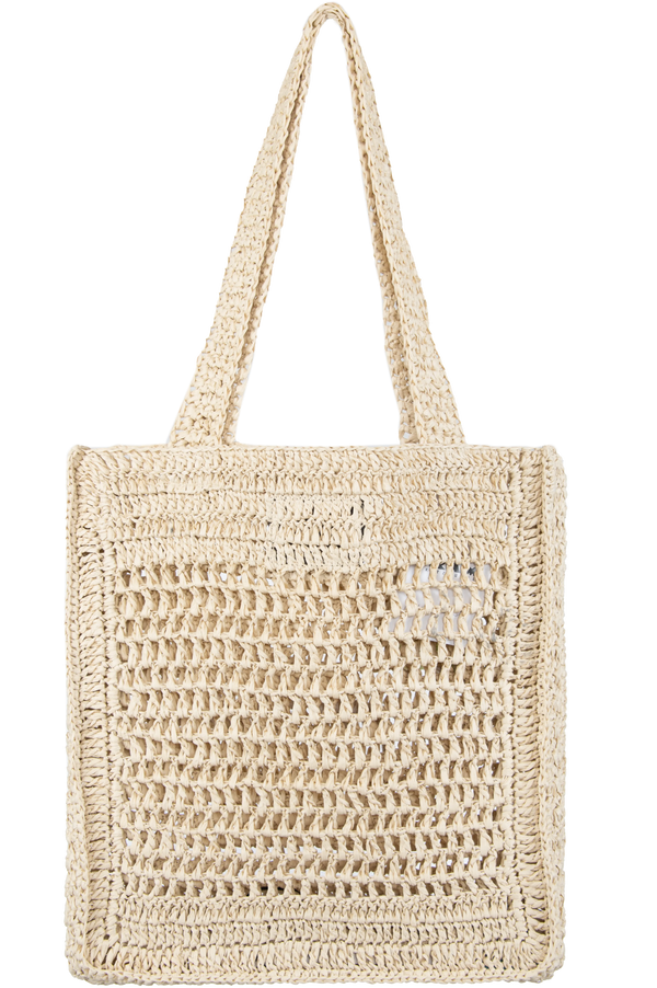Beige Häkeltragetasche mit zwei Griffen.