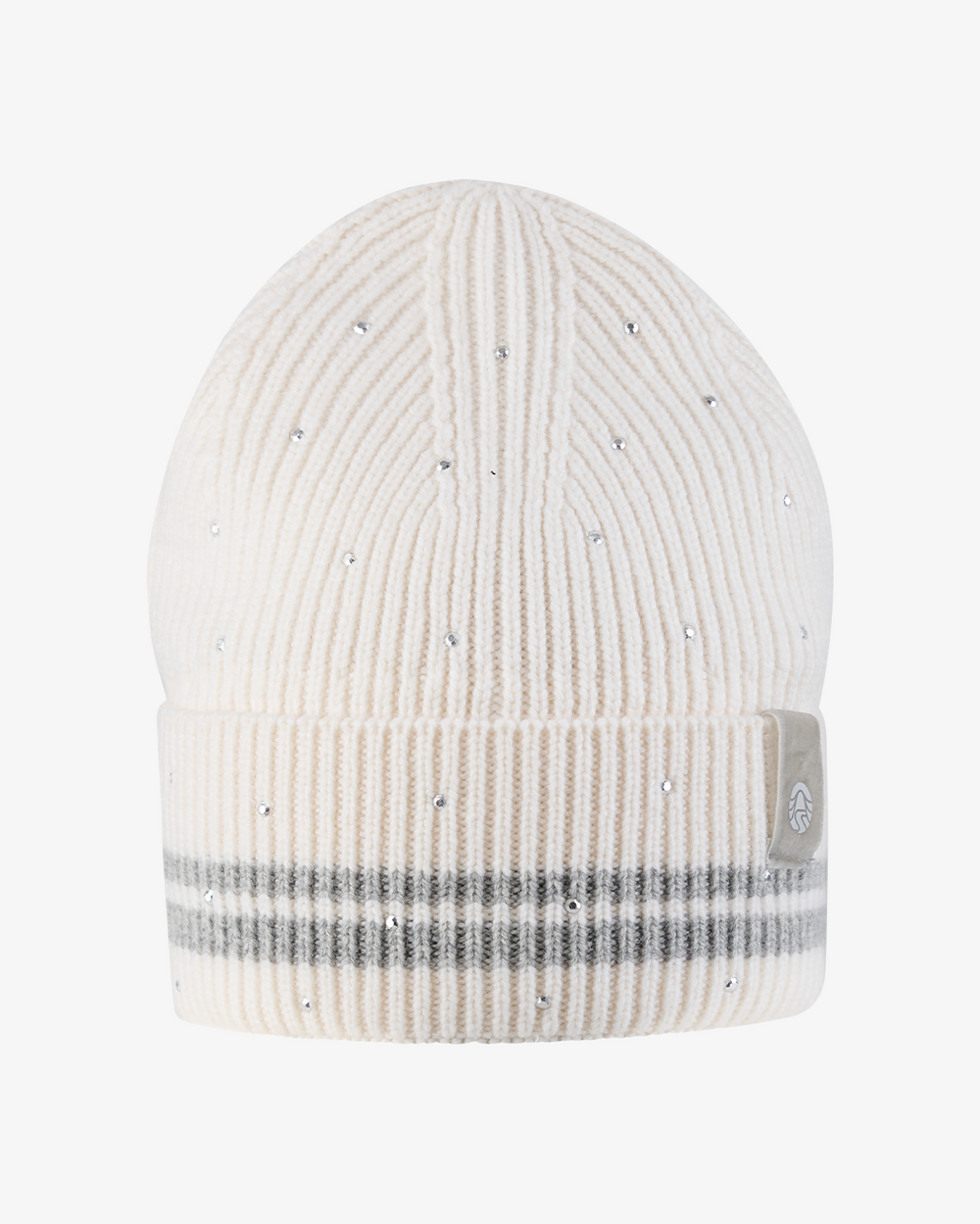 Weißer Strickmütze mit silbernen Glitzersteinen und einem grauen Streifen.