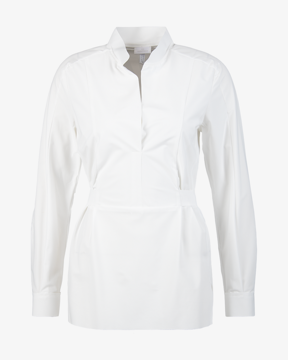 Weiße Bluse mit steigendem Kragen und langen Ärmeln.