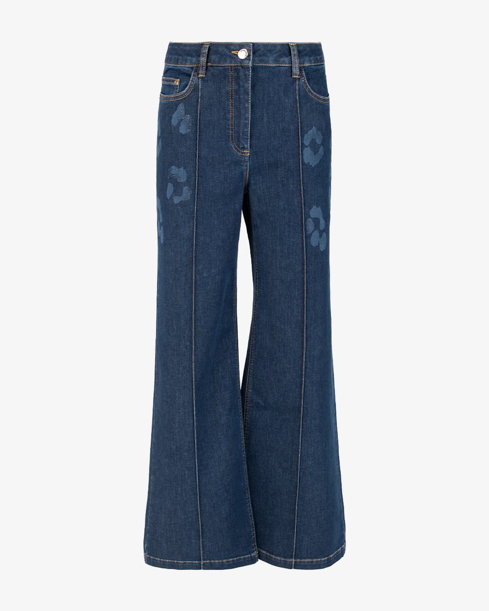 Dunkelblaue weite Jeans mit floralen Verzierungen und vertikalen Nähten.
