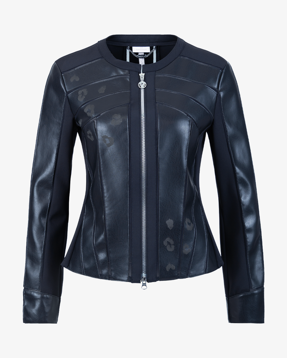 Dunkelblaue Lederjacke mit Reißverschluss und stehendem Kragen.