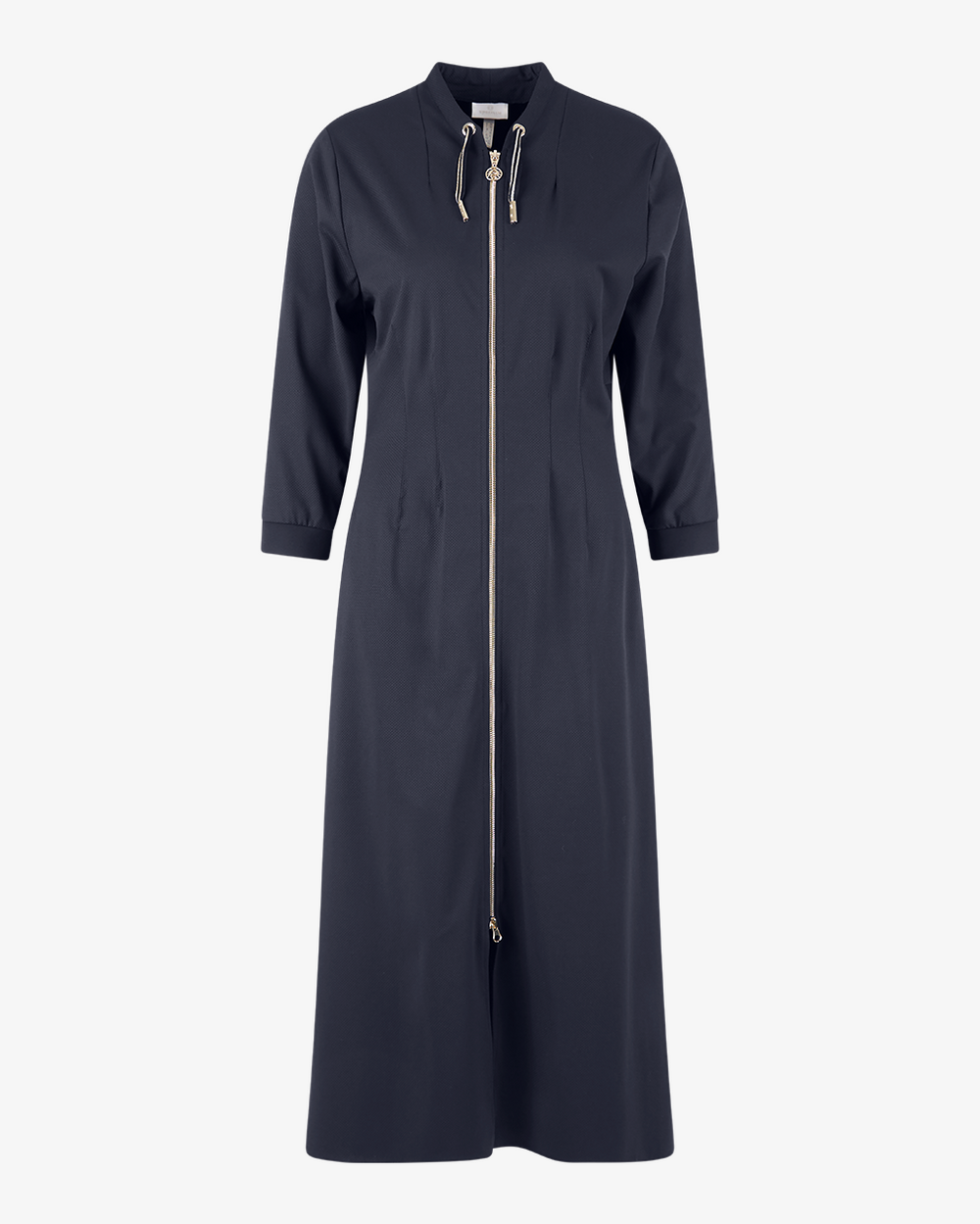 Dunkelblaues Kleid mit Reißverschluss und zwei Zugbändern, Langarm und knielang.
