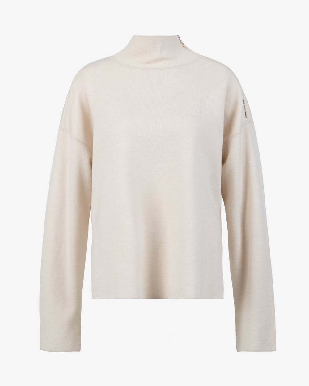 Beige Langarmshirt mit Stehkragen und leichtem Schnitt.