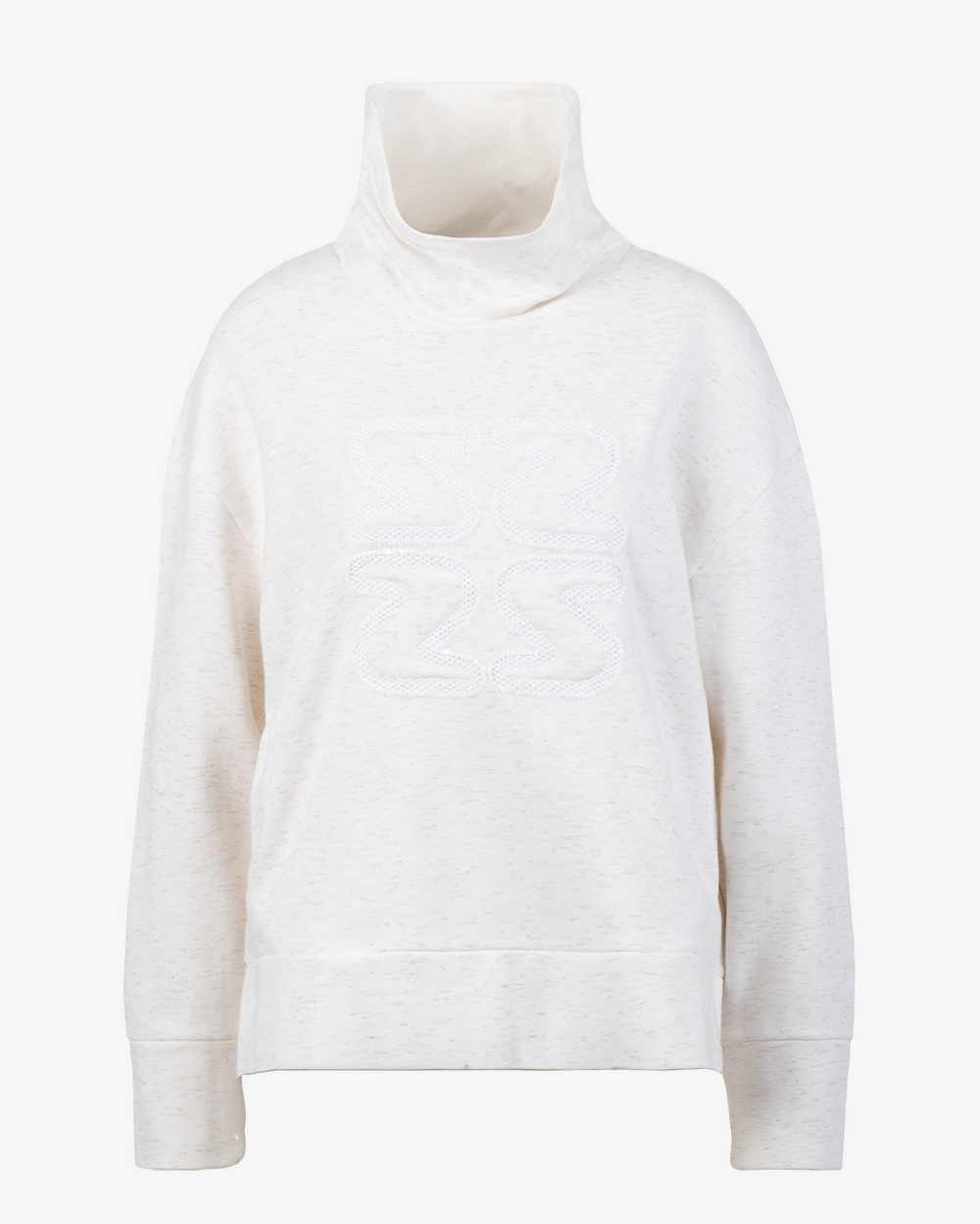 Beiger Sweatshirt mit hohem Kragen und gesticktem Logo.