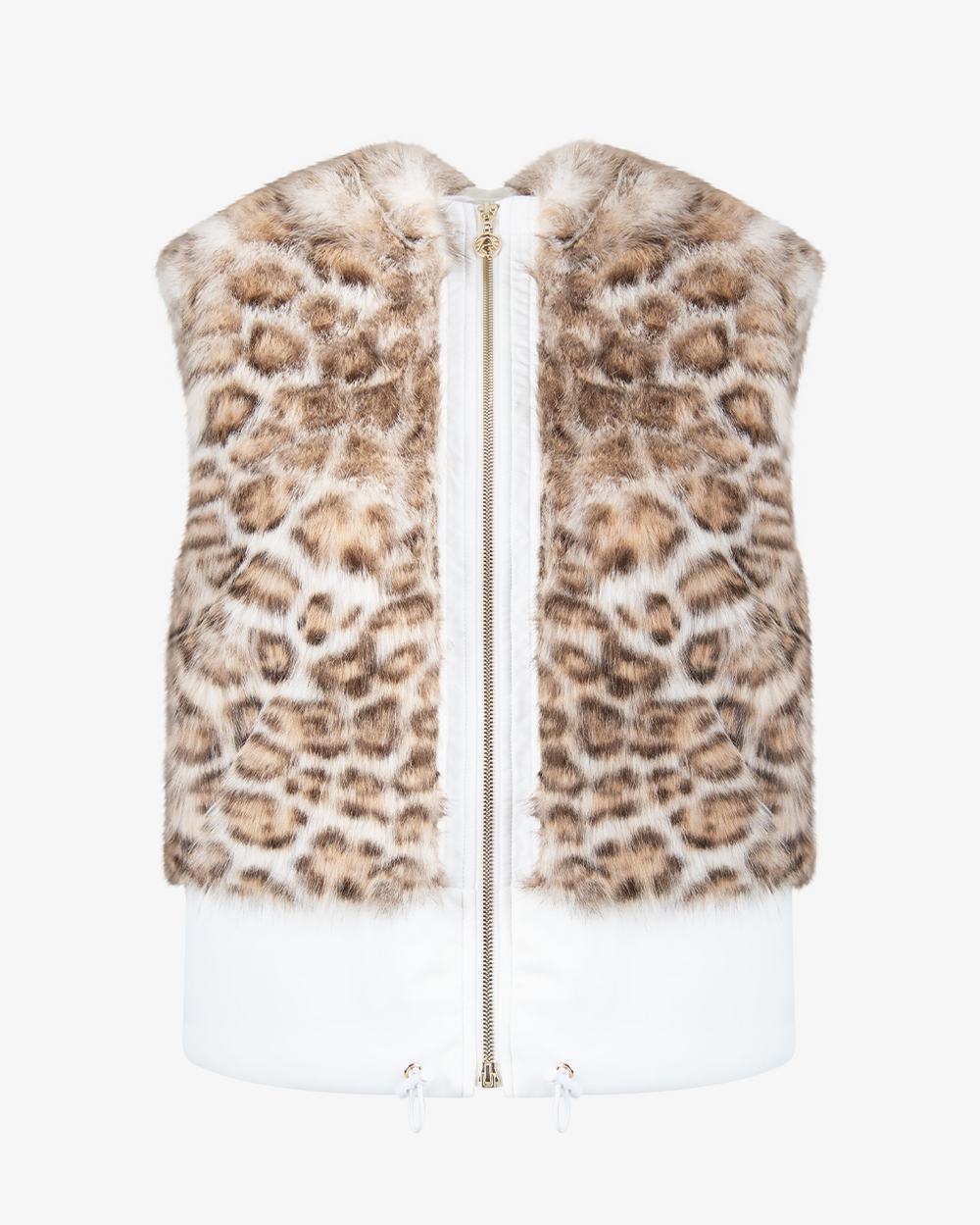 Weste mit Leopardenmuster und weißen Nylon-Seiten.