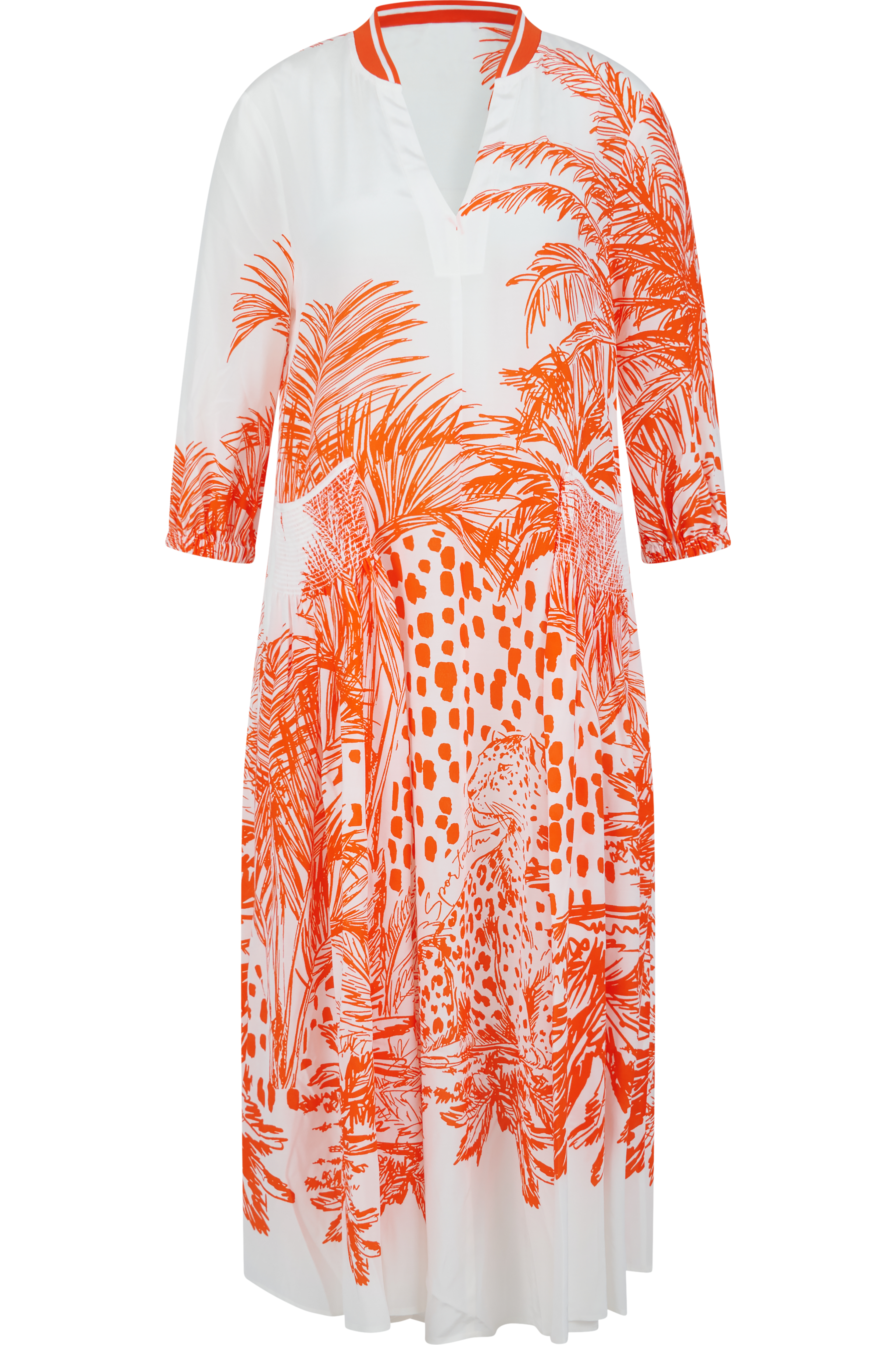 Weißes Kleid mit orangefarbenem pflanzlichen und tierischen Muster.