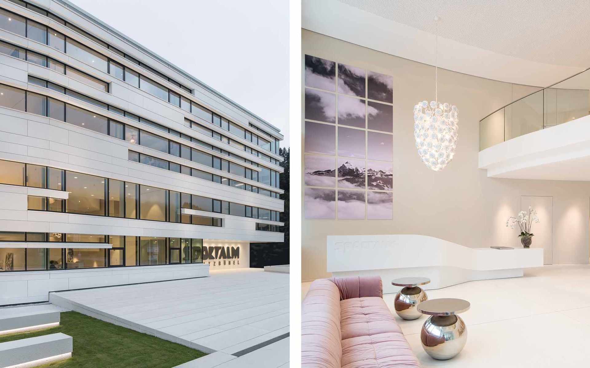 Moderne Architektur einer hellen, eleganten Gebäudeansicht mit einem Empfangsbereich und einer stilvollen Inneneinrichtung.