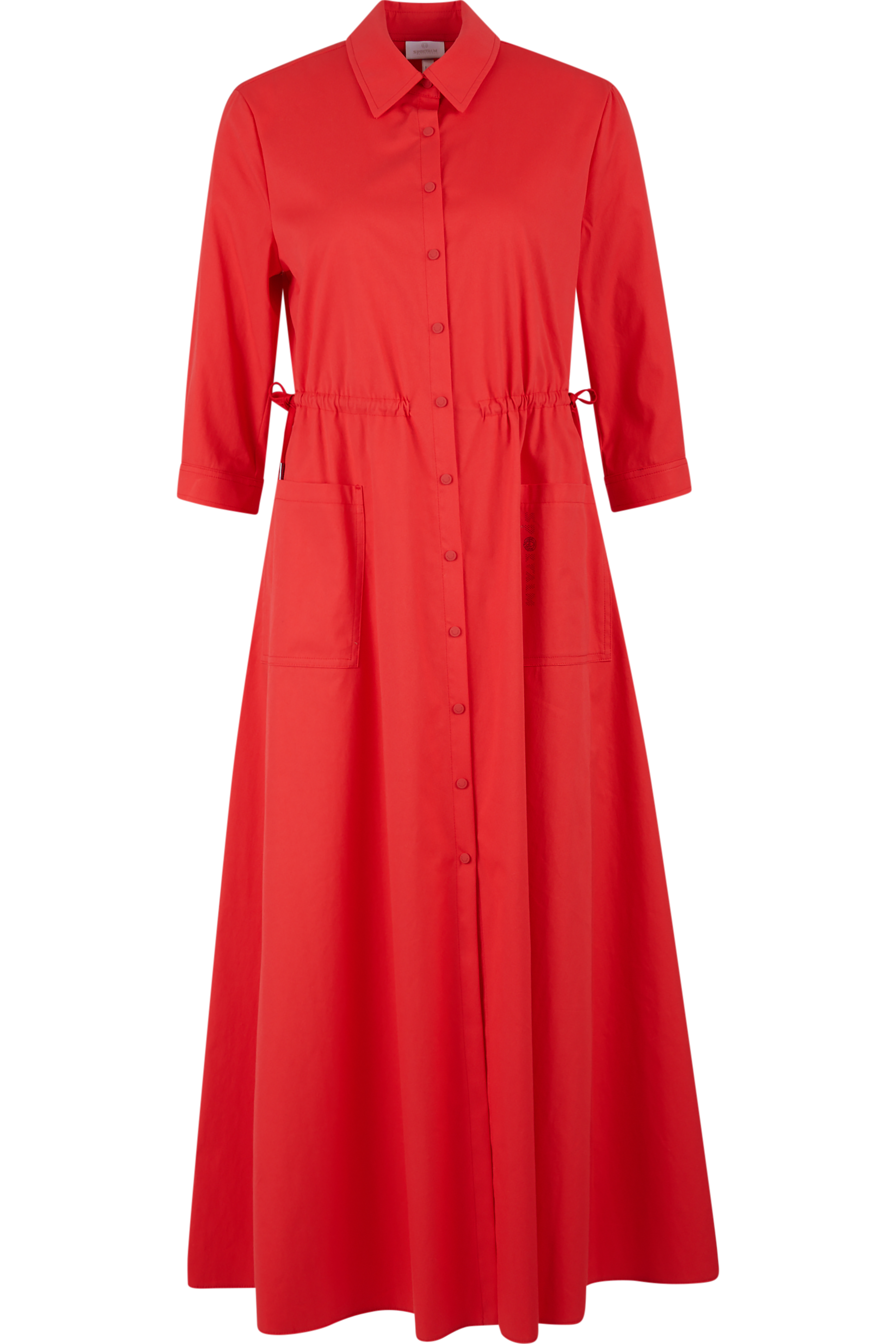 Rotes, knielanges Kleid mit langen Ärmeln und Knopfleiste.